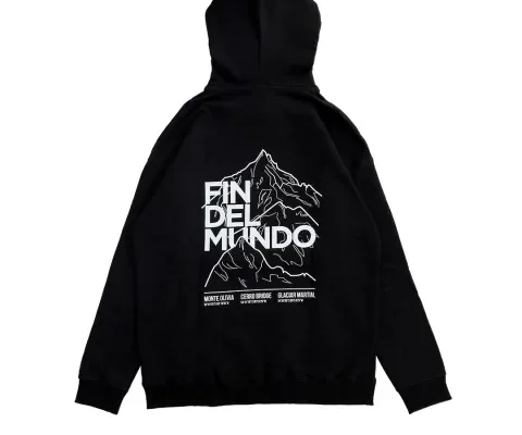 Buzo negro Fin del Mundo de KODA Outdoor con ilustración de montañas de Ushuaia